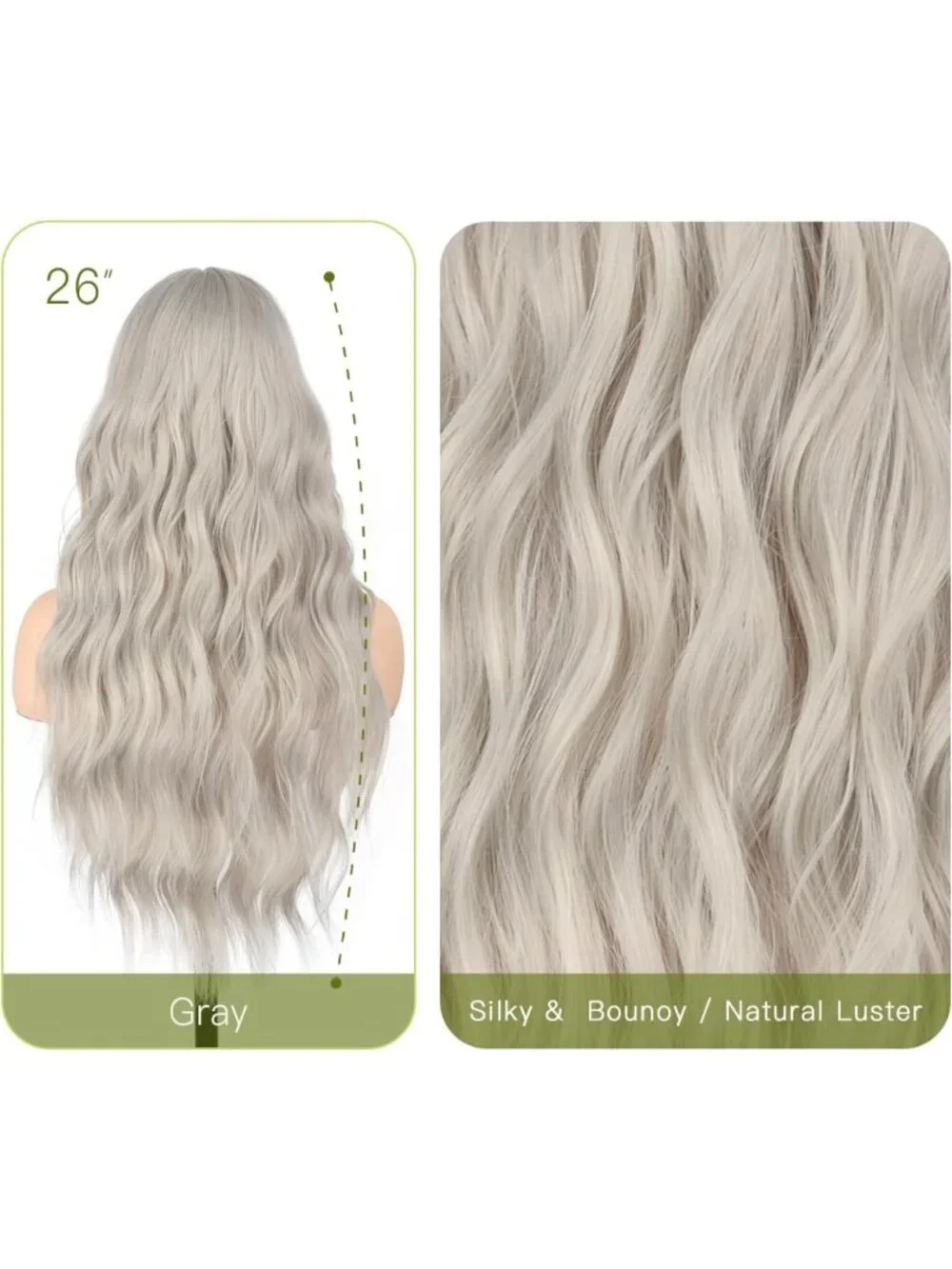 Long Wavy Gray Wig with Curtain Bangs - 26 Inch Silver Grey Hair for Women